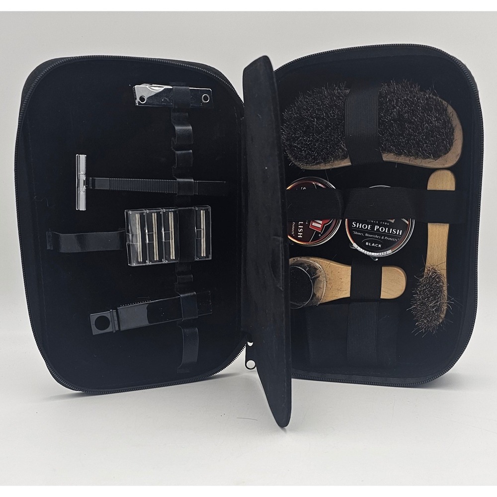 Travel Grooming Shoe Care Kit Kiwi Polish Horsehair Brushes Razor Multi-tool